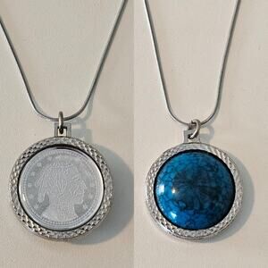 Native American Turquoise & Silver Necklace Double Sided Round Pendant